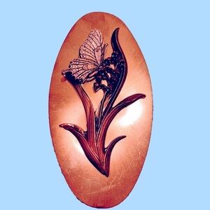 Vintage Copper Art Oval Butterfly On Lily Of The Valley Flower Mid Century Decor